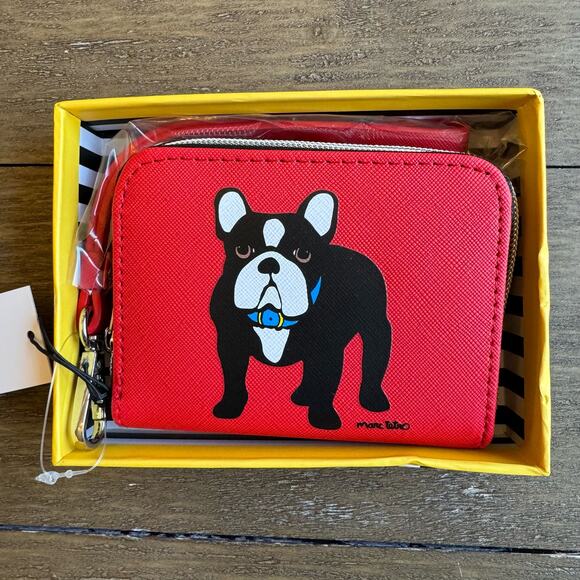 Marc Tetro Red Frenchie NWT Box and in Polly Wristlet Wallet Striped Interior - Picture 1 of 9